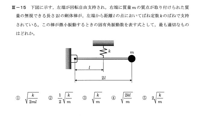 平成26年度技術士第一次試験問題 機械部門 専門科目 15 回転軸まわりの慣性モーメントと固有角振動数 副業の宮殿